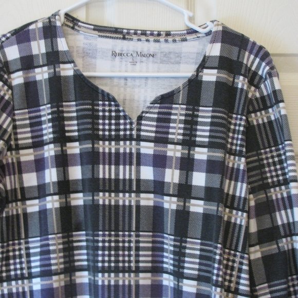 * 3/$15 Rebecca Malone Plaid Top Large EUC Purple White Gray Blouse - Picture 2 of 4